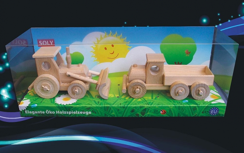 Holzspielzeug, Traktor mit Schaufel und Lastwagen
