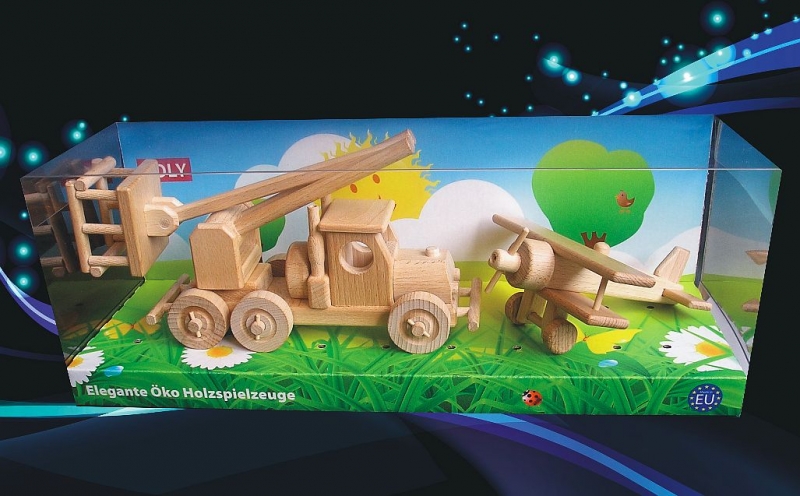 Holzspielzeug, Arbeitsbühne und Flugzeug