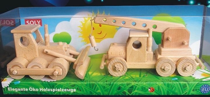 HolzSpielzeug Holzkran und Bulldozer
