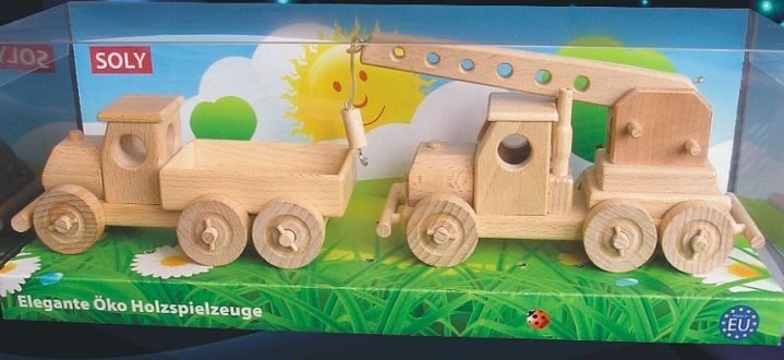 Holzbau-Spielzeug LKW und Kranwagen
