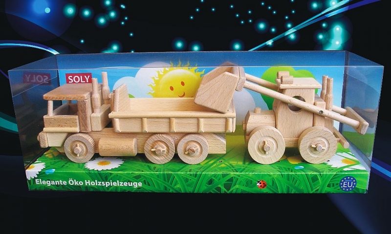 Holzspielzeug LKW mit Container und Traktor-Lader
