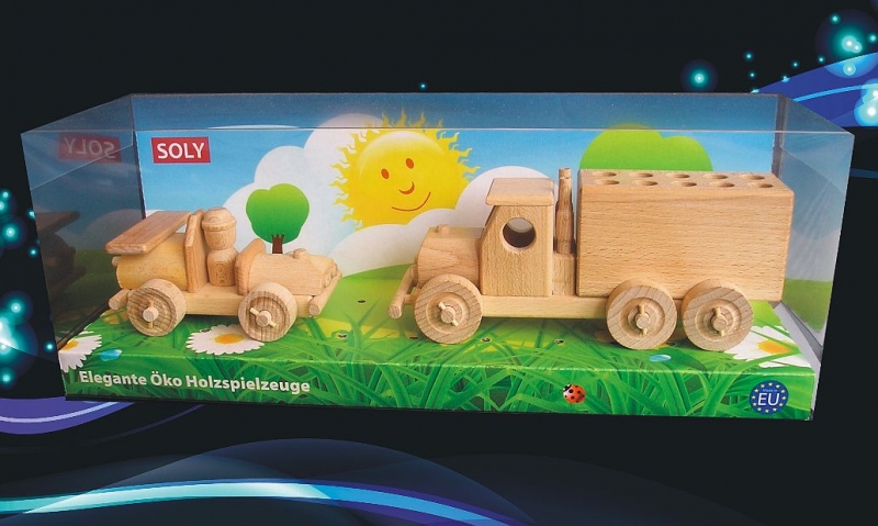 Holzspielzeug Zugfahrzeug Lastwagen und kleines Auto