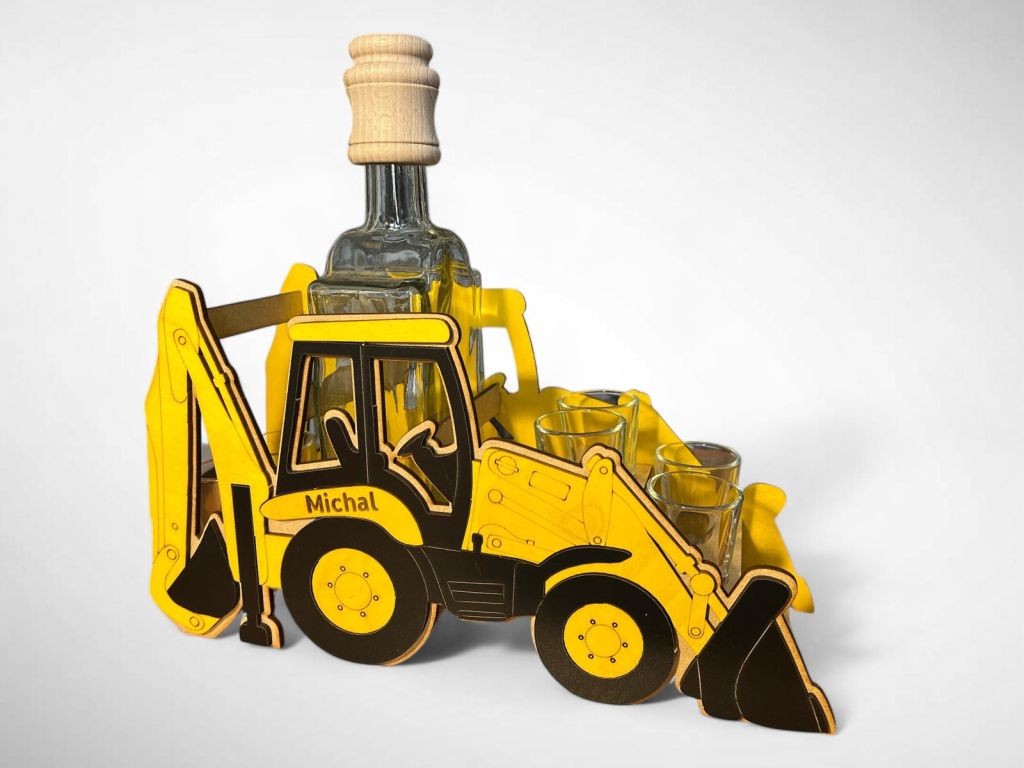 Holztraktor Bagger mit Flasche Geschenk für Männer