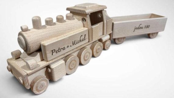 Wooden Model of Locomotive with Engraved Text